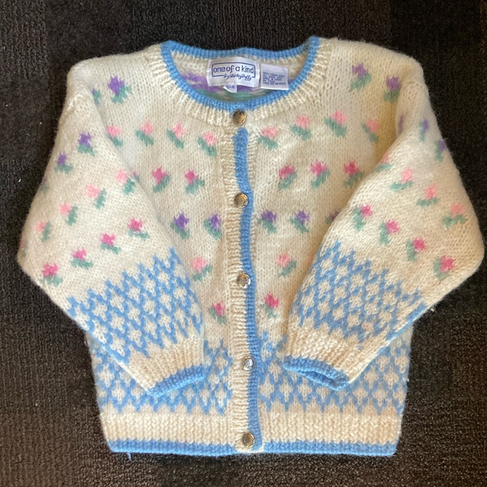 VNTG One Of A Kind by Shirley Duffy Girls Wool Handknit Cardigan Sweater Sz 3-4